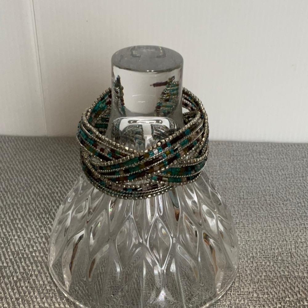 Beaded, Wired Cuff Bracelet (teal/brown/gold/clear strands w/wrapped wire)